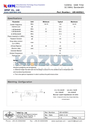 LB140DS21 datasheet - 140MHz SAW Filter 32.5MHz Bandwidth