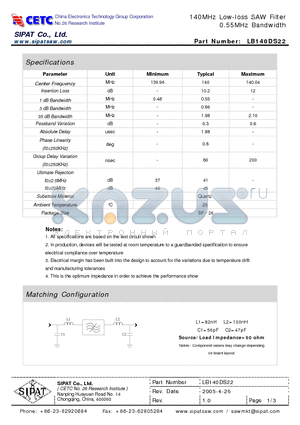 LB140DS22 datasheet - 140MHz Low-loss SAW Filter 0.55MHz Bandwidth