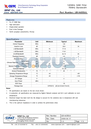 LB140DS33 datasheet - 140MHz SAW Filter 76MHz Bandwidth