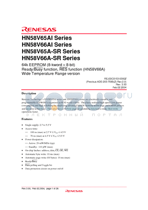 HN58V65A-SR datasheet - 64k EEPROM (8-kword x 8-bit) Ready/Busy function, RES function (HN58V66A) Wide Temperature Range version