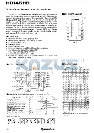 HD14511B datasheet - BCD-to-Seven Segment Latch/Decoder/Driver