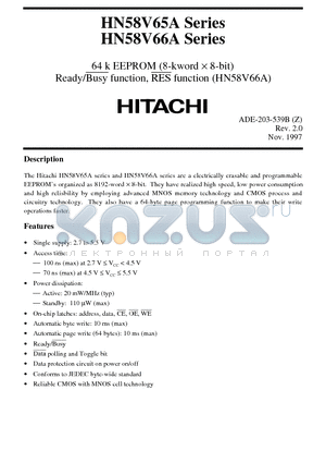 HN58V65AT-10 datasheet - 64 k EEPROM (8-kword x 8-bit) Ready/Busy function, RES function (HN58V66A)