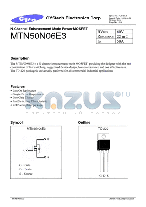 MTN50N06E3 datasheet - N-Channel Enhancement Mode Power MOSFET