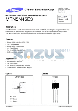 MTN5N45E3 datasheet - N-Channel Enhancement Mode Power MOSFET