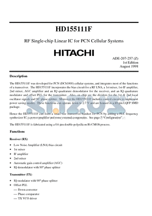 HD155111F datasheet - RF Single-chip Linear IC for PCN Cellular Systems