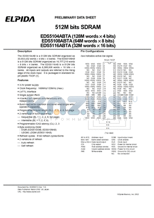 EDS5108ABTA-7A datasheet - 512M bits SDRAM