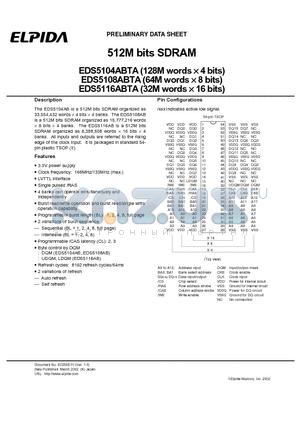 EDS5116ABTA-7A datasheet - 512M bits SDRAM