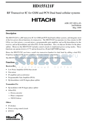 HD155121F datasheet - RF Transceiver IC for GSM and PCN Dual band cellular systems