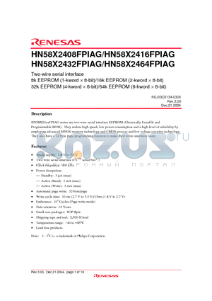 HN58X2416FPIAGE datasheet - Two-wire serial interface 8k EEPROM (1-kword  8-bit)/16k EEPROM (2-kword  8-bit) 32k EEPROM (4-kword  8-bit)/64k EEPROM (8-kword  8-bit)