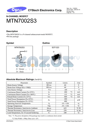 MTN7002S3 datasheet - N-CHANNEL MOSFET