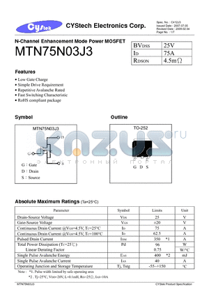 MTN75N03J3 datasheet - N-Channel Enhancement Mode Power MOSFET