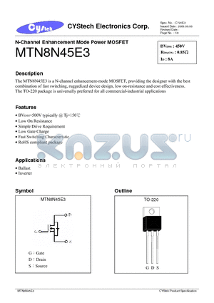 MTN8N45E3 datasheet - N-Channel Enhancement Mode Power MOSFET