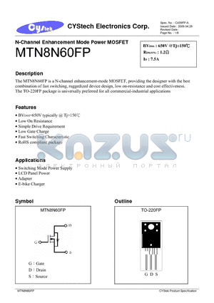 MTN8N60FP datasheet - N-Channel Enhancement Mode Power MOSFET