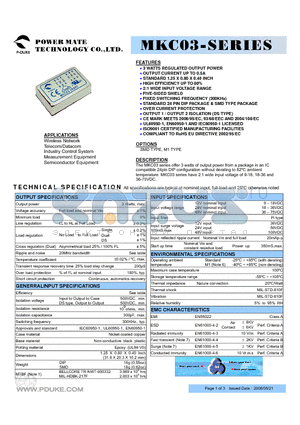 MKC03-12D12 datasheet - 3 WATTS REGULATED OUTPUT POWER