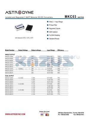 MKC03-12D05 datasheet - Isolated and Regulated 3 WATT Modular DC/DC Converters