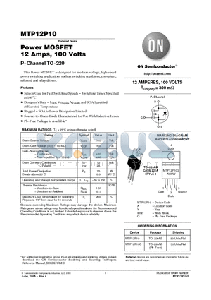 MTP12P10G datasheet - Power MOSFET 12 Amps, 100 Volts P−Channel TO−220