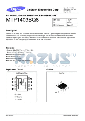 MTP1403BQ8 datasheet - P-CHANNEL ENHANCEMENT MODE POWER MOSFET