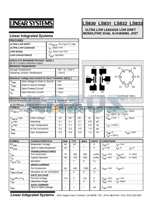 LS830-3 datasheet - ULTRA LOW LEAKAGE LOW DRIFT MONOLITHIC DUAL N-CHANNEL JFET