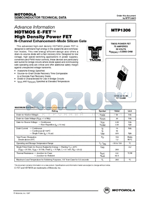 MTP1306 datasheet - TMOS POWER FET 75 AMPERES 30 VOLTS RDS(on) = 0.0065 OHM