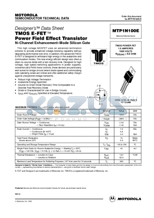 MTP1N100E datasheet - TMOS POWER FET 1.0 AMPERES 1000 VOLTS RDS(on) = 9.0 OHM