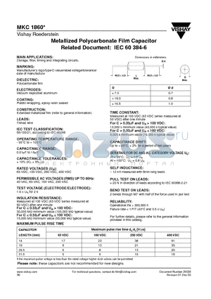 MKC1860-404-R datasheet - Metallized Polycarbonate Film Capacitor Related Document: IEC 60 384-6