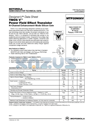 MTP20N06V datasheet - TMOS POWER FET 20 AMPERES 60 VOLTS RDS(on) = 0.080 OHM