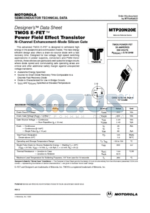 MTP20N20 datasheet - TMOS POWER FET 20 AMPERES 200 VOLTS RDS(on) = 0.16 OHM