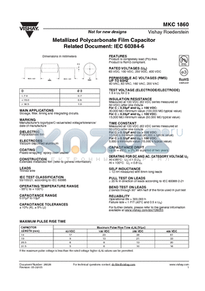 MKC1860-422-R datasheet - Metallized Polycarbonate Film Capacitor Related Document: IEC 60384-6