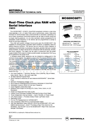 MC68HC68T1 datasheet - Real-Time Clock plus RAM with Serial Interface