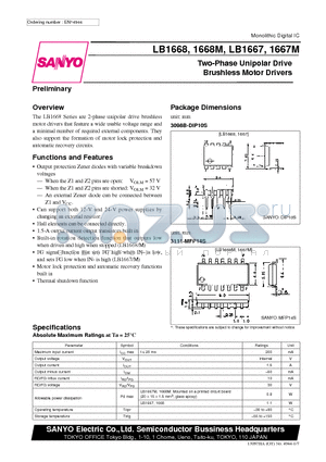 LB1668 datasheet - Two-Phase Unipolar Drive Brushless Motor Drivers