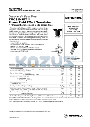 MTP27N10E datasheet - TMOS POWER FET 27 AMPERES 100 VOLTS RDS(on) = 0.07 OHM