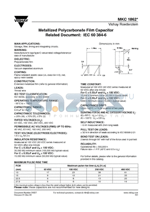 MKC1862-255-G datasheet - Metallized Polycarbonate Film Capacitor Related Document: IEC 60 384-6