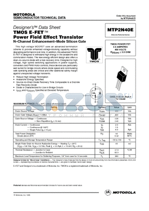 MTP2N40E datasheet - TMOS POWER FET 2.0 AMPERES 400 VOLTS RDS(on) = 3.5 OHM