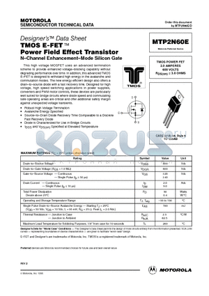 MTP2N60E datasheet - TMOS POWER FET 2.0 AMPERES 600 VOLTS RDS(on) = 3.8 OHMS