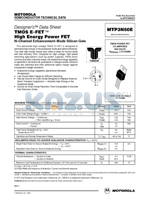 MTP3N50 datasheet - TMOS POWER FET 3.0 AMPERES 500 VOLTS RDS(on) = 3.0 OHMS