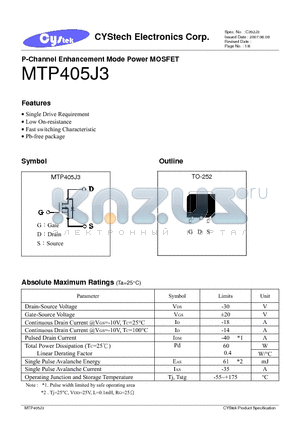MTP405J3 datasheet - P-Channel Enhancement Mode Power MOSFET
