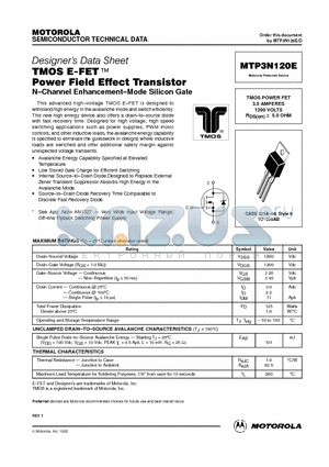 MTP3N120E datasheet - TMOS POWER FET 3.0 AMPERES 1200 VOLTS RDS(on) = 5.0 OHM