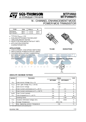 MTP3N60 datasheet - N - CHANNEL ENHANCEMENT MODE POWER MOS TRANSISTOR