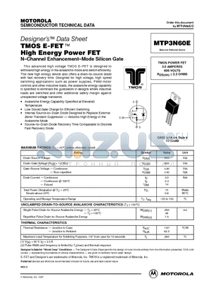 MTP3N60E datasheet - TMOS POWER FET 3.0 AMPERES 600 VOLTS RDS(on) = 2.2 OHMS