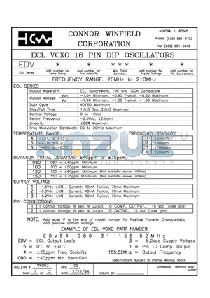 EDV41-150-21-155.52M datasheet - ECL VCXO 16 PIN DIP OSCILLATORS