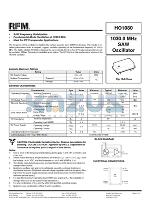 HO1080 datasheet - 1030.0 MHz SAW Oscillator