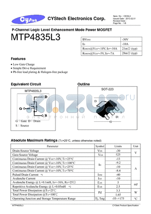 MTP4835L3 datasheet - P-Channel Logic Level Enhancement Mode Power MOSFET