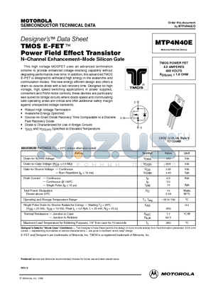 MTP4N40E datasheet - TMOS POWER FET 4.0 AMPERES 400 VOLTS RDS(on) = 1.8 OHM