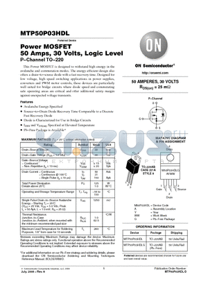 MTP50P03HDL datasheet - Power MOSFET 50 Amps, 30 Volts, Logic Level P-Channel TO-220