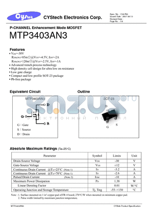 MTP3403AN3 datasheet - P-CHANNEL Enhancement Mode MOSFET