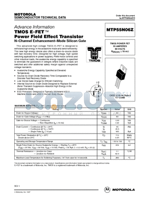 MTP55N06 datasheet - TMOS POWER FET 55 AMPERES 60 VOLTS RDS(on) = 18 mohm