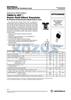 MTP55N06Z datasheet - TMOS POWER FET 55 AMPERES 60 VOLTS RDS(on) = 18 mohm