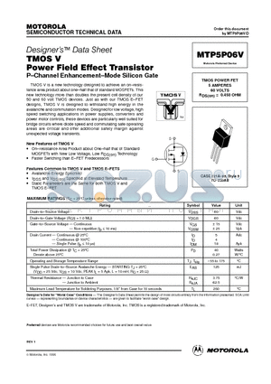 MTP5P06V datasheet - TMOS POWER FET 5 AMPERES 60 VOLTS RDS(on) = 0.450 OHM