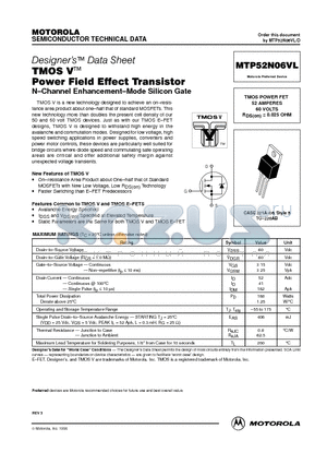 MTP52N06VL datasheet - TMOS POWER FET 52 AMPERES 60 VOLTS RDS(on) = 0.025 OHM