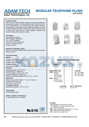 MTP610W datasheet - MODULAR TELEPHONE PLUGS